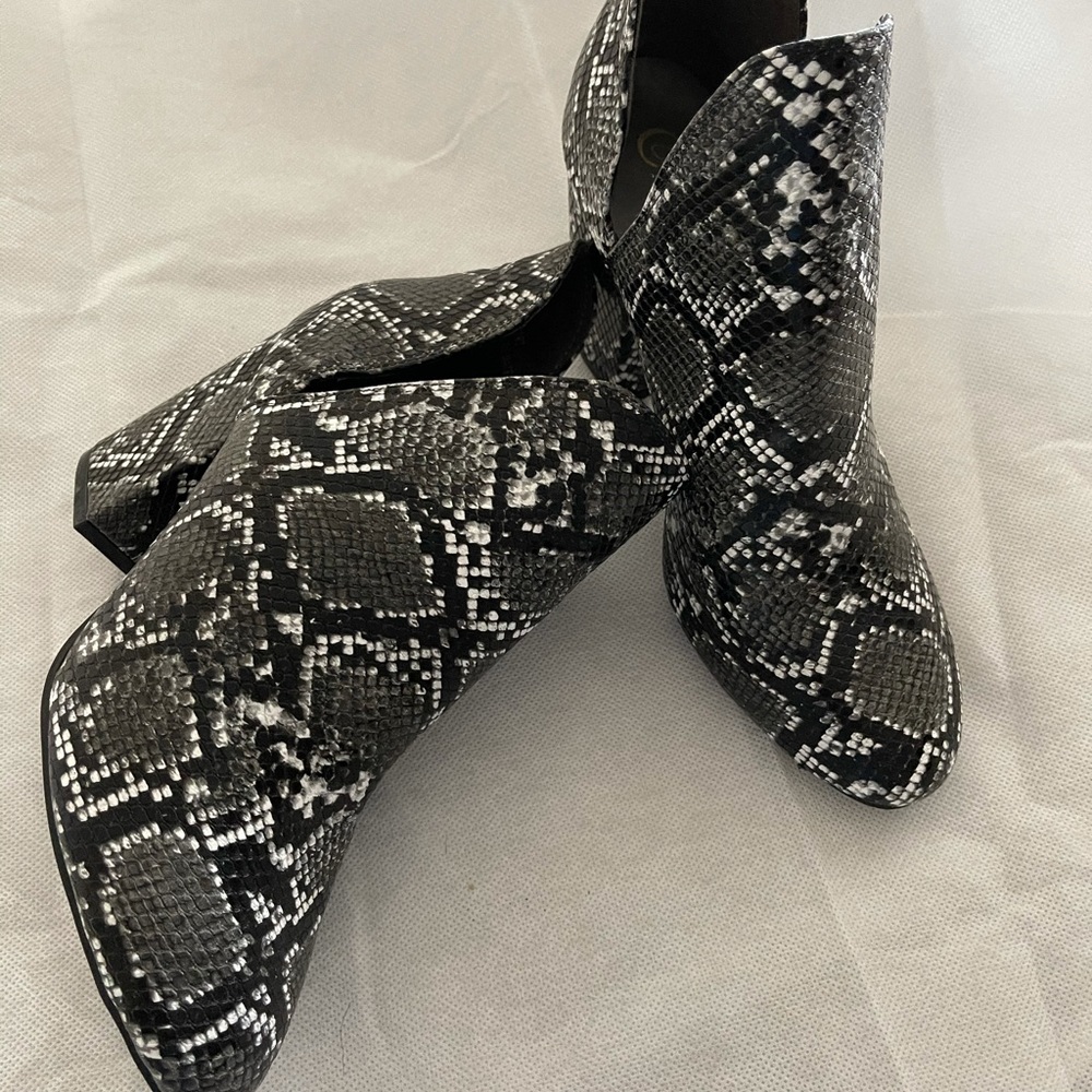 Black and white faux snake skin shoe boots